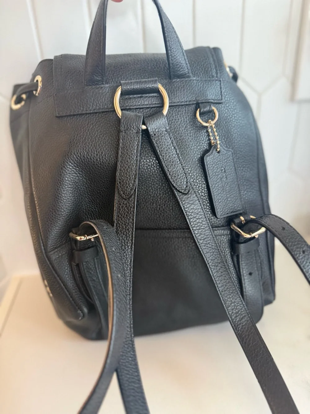 💛 Coach Mini 🖤 Classic Retro Black Leather Drawstring Backpack - Picture 2 of 6